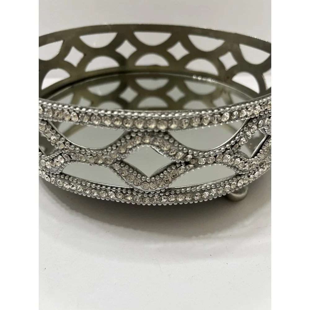 Godinger Vanity Tray Round Mirror Crystal Rhinestones Silver Tone 8